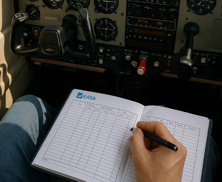 Pages d’un carnet de vol EASA remplies à la main