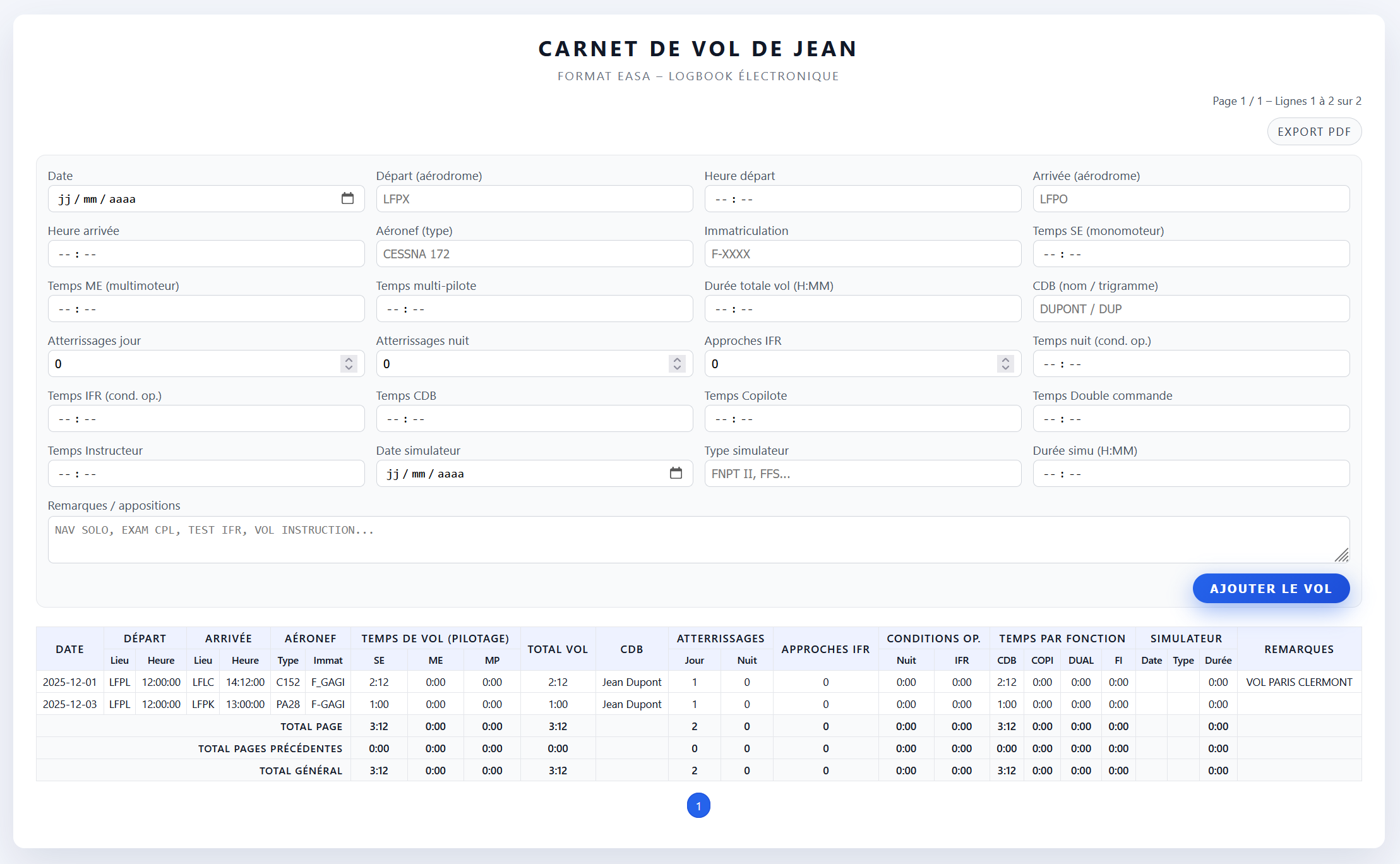 Carnet de vol électronique affiché sur écran